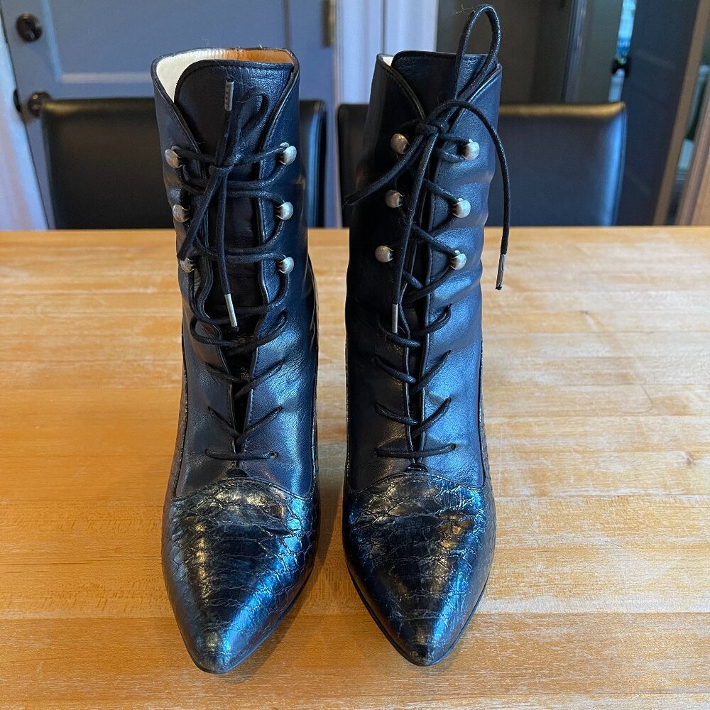John Fluevog SERAPHINA boots in Blue Snakeskin Colorway - Size 7